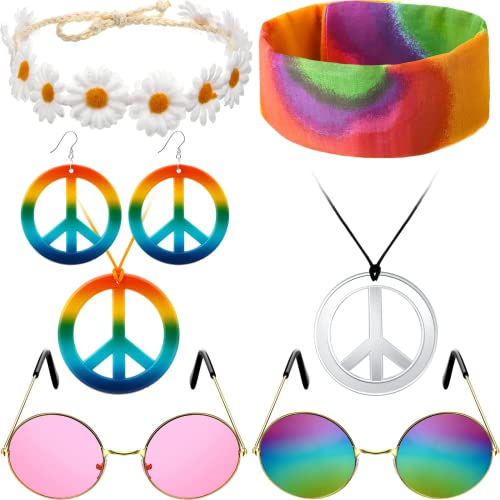 Hippie Kostüm Set, 8 Stück Retro Verkleiden Sich für Damen und Herren,mit Peace Zeichen Halskette Halskette und Ohrringe,Sonnenbrille,Sonnenblumen und Buntes Hippie Stirnband,60er 70er Kostüm Zubehör