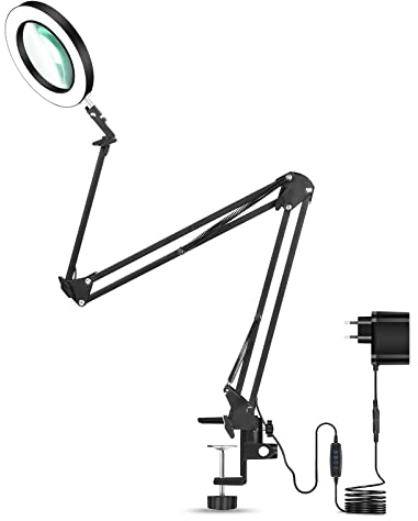 Toolour LED-Lupenlampe, 3-armig mit Licht, 8-fach HD-Lupe mit Klemme, bewegliche Arme, 3 Farbmodi, 900-Lumen, Kosmetik, Vergrößerung HD-Glaslinse, Schwarz