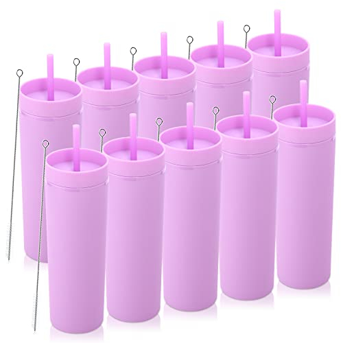 Volhoply 600ml Tumbler en Plastique Réutilisables Lot de 10,Tasse en Plastique à Double Paroi avec Couvercle et Paille,Gobelets Café en Acrylique de Matte Libre BPA pour Soirées,Cadeaux(Violet,10 Set)