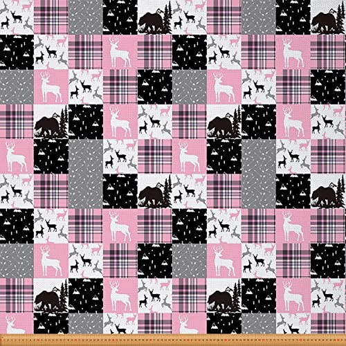 Loussiesd Hirsch Polsterstoff Bauernhaus Elch Bär Stoff von The Yard Tartan Karo Karo Geometrie Wildtier Dekostoff für Polster und Heimwerkerprojekte Jagd Draussen Stoff Rosa Schwarz 276x150cm