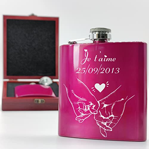 KDO MAGIC - Flasque alcool personnalisé - Flasque de poche personnalisable avec un prénom - 175ml - Couleur rose - Idée cadeau pour fête des pères, anniversaire, retraite et noël (Modèle Coeur)
