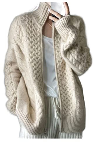 VATIVA Mujer 100% Cachemira Suelta Delgada Cremallera Suéter Grosor Cuello Alto Cachemira De Punto Cardigan, crudo con rayas, S
