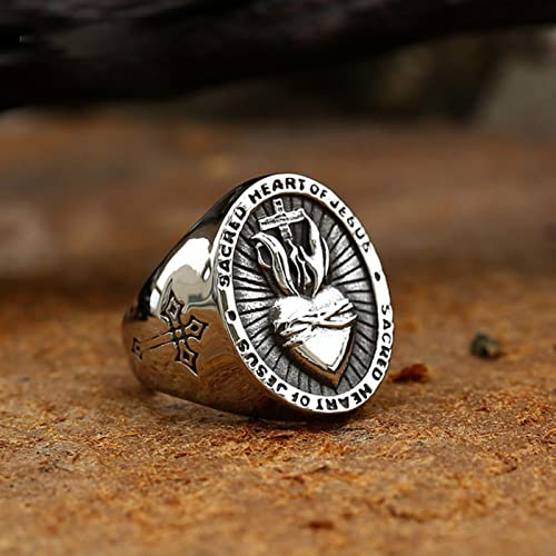 XJruixi Vintage Catholic Stainless Steel Sacred Heart of Jesus Ring Unique Creative Letter Heart Shaped Cross Ring Men Jewelry Gift