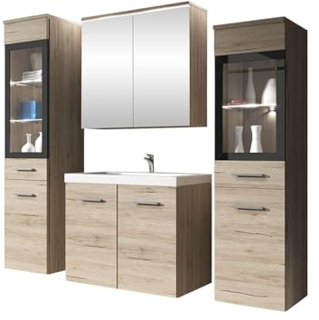 Mirjan24 Badmöbel Set Madrit II mit Waschbecken und Siphon, Komplettprogramme für Spiegelschrank, Waschtisch, Hochschrank (San Remo, mit weißer LED Beleuchtung)