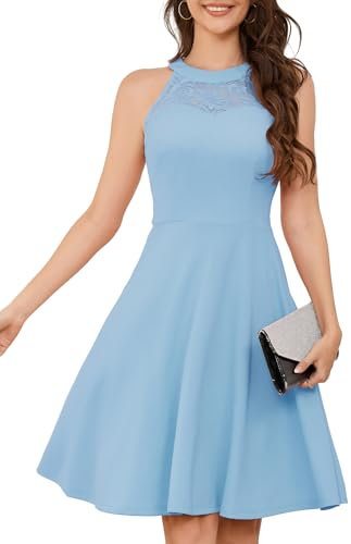Bbonlinedress Robe de Soirée Cocktail Femme Courte Lingne A Halter Vintage pour Fête Bal Guinguette Anniversaire Mariage invité Blue XL