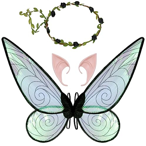 Feenflügel Kostüm, Damen Mädchen Schmetterlingsflügel Elfenflügel mit Elfenohren Blumenkranz Halloween Kostüm Zubehör Karneval Fee Party Schmetterling Kostüm Feenkostüm für Kinder Erwachsene (Schwarz)