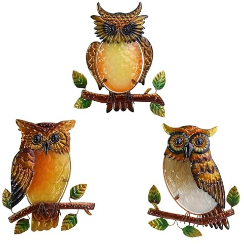 J-Fly Decorative Metal Wall Art - Set Of 3 Owls For Garden, Patio, Porch, Bedroom, Kitchen - 9 Inch Each For Owl Lovers
