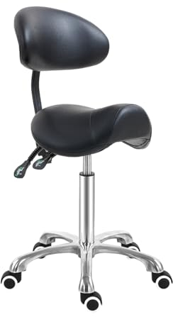 Antlu Sattelhocker mit Rückenstütze, ergonomischer Kosmetikhocker für Friseur Tattoo Spa Medizin Zahnarztpraxis (mit justierbarer Rückenlehne, Schwarz)