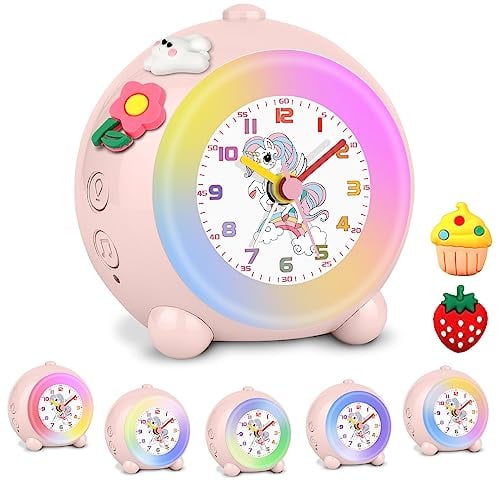 TENOCK Analog Wecker Kinder Einhorn Wecker Mädchen Wecker Ohne Ticken Kinder Bunte Lichtwecker Einstellbare Lautstärke und Leicht Ablesbare Uhrzeit für Mädchenzimmern Dekoration (BlassRosa)