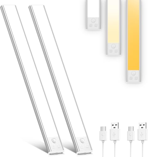 OUILA Under Cabinet Kitchen Lights, 3 Color Dimmable 72 LED Motion Sensor Lights Indoor, 1800mAh USB-C Rechargeable LED Lights for Cupboard, Kitchen (3 Color Temperature, 41cm - 2 Pack)