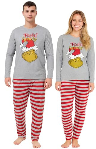 The Grinch - Pigiama da uomo e donna, a maniche lunghe, con pantaloni, grigio/rosso