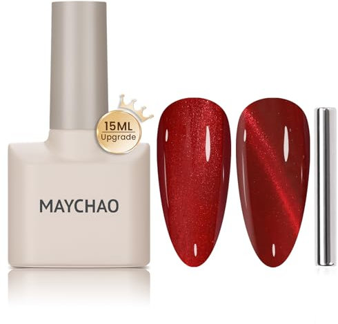 MAYCHAO 15ML Cat Eye Gel Nail Polish 1Pc Red Magnetic Gel Polish with Magnet Soak off Holographic Cat Eye Gel Nail Polish for Nail Art Manicure Salon DIY at Home