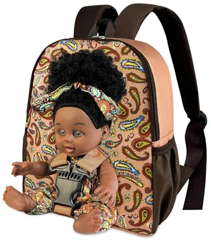 Nice2you Schwarze Babypuppe zum Mitnehmen, 25,4 cm, amerikanische afrikanische Mädchenpuppe für Kleinkinder und Kinder im Alter von 1–3, 2, 4, 5 Jahren, Rucksack für Babypuppenzubehör, Aufbewahrung