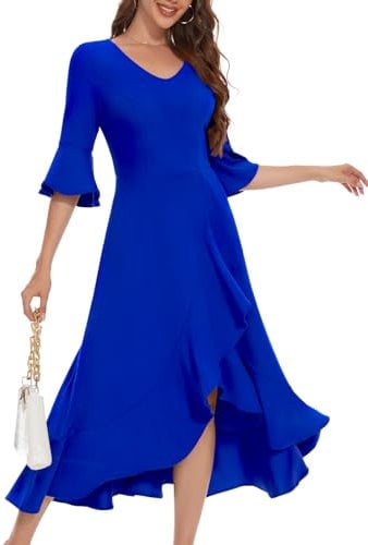 HomRain Women V-Neck Split Maxi Dress Wedding Guest with Ruffle Long Sleeve Formal Cocktail Evening Party Vintage Flowy A Line Dress RoyalBlue 3XL