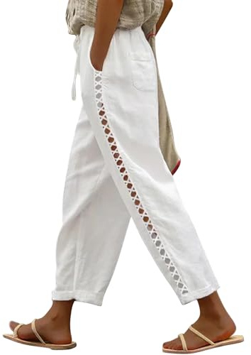 Puimentiua Sommerhose Damen Leicht Sommer Leinenhose 7/8 Weiße Hose | Luftig Sommerhosen High Waist Linen Pants Elegant Stoffhose Lockere Ausgehöhlt Hosen mit Tunnelzug und Taschen