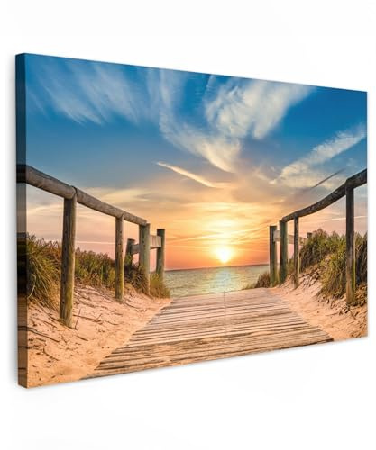 MuchoWow© Leinwandbild Groß XXL Dekoration Wohnzimmer Bilder Aufhängen Wall | 120x80 cm - Decoration Living Room Wohnungs Deko Moderne Strand - Sonnenuntergang - Pfad - Dünen