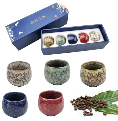 DAWRIS Juego de 5 tazas de café expreso de 130 ml, de cerámica, sin asa, tazas de café moca, juego de tazas de té japonesas, café espresso y moca, tazas de té, tazas de capuchino