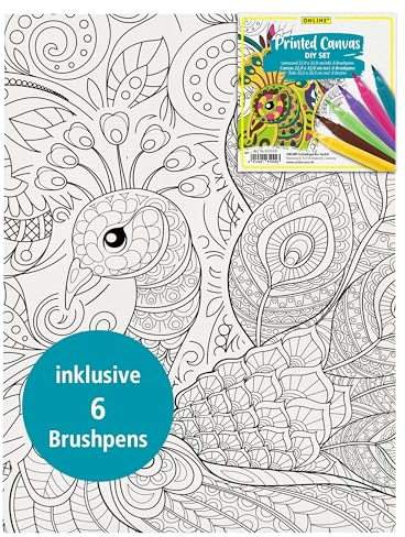 ONLINE Leinwand Mandala für Erwachsene I Detaillierte 22x32 cm Leinwand zum Ausmalen mit imposantem Pfauenmotiv I Malset inkl. 6 Brushpens & Ausmalbild Jugendliche I Kreative Beschäftigung Erwachsene