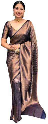 SGF11 Sari Kanjivaram de seda suave con blusa para mujer, Azul moderno, talla �nica