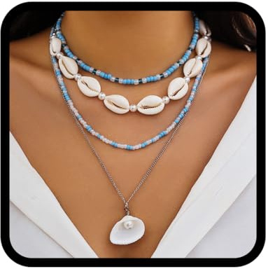 Fashband Collana bohémien, multistrato, con conchiglie, collana estiva da spiaggia, accessori da donna, Metallo