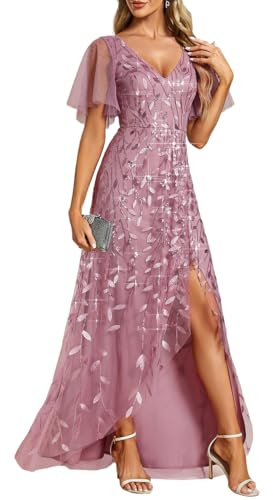 Ever-Pretty Women's Maxi Evening Dresses Sequin Embroidered Double V Prom Dress with Ruffles Sleeve Bridesmaid High-Low Dress Orchid 20UK
