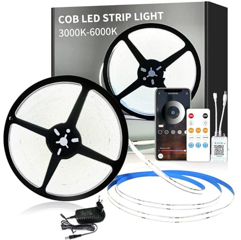Yeewhale cob Led strip 15m,APP Steuerung,mit Fernbedienung,flexible Dimmbar COB LED band, DC24V 6000k Weiß LED Streifen, anwendbar auf Schlafzimmer, Raum,DIY Dekoration