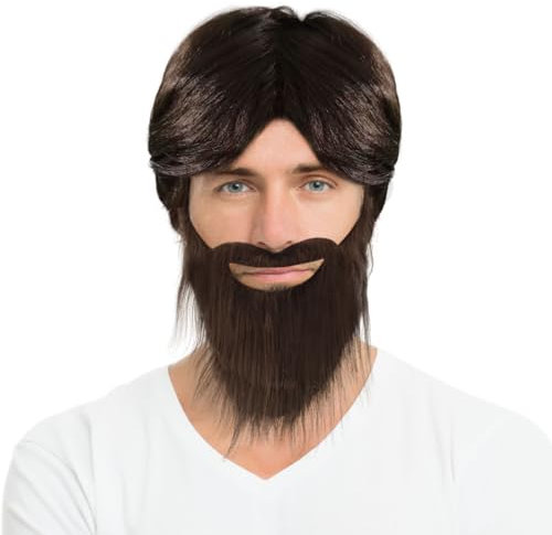 XNIVUIS 2 Stücke Herren Perücke mit Bart Kater Perücke Braune Perücke Bärte Partyperücke Disco Perücke Elvis Perücke Kurze Perücke Männer 60er 70er 80er Kostüm Zubehör für Karneval Party(Braun)