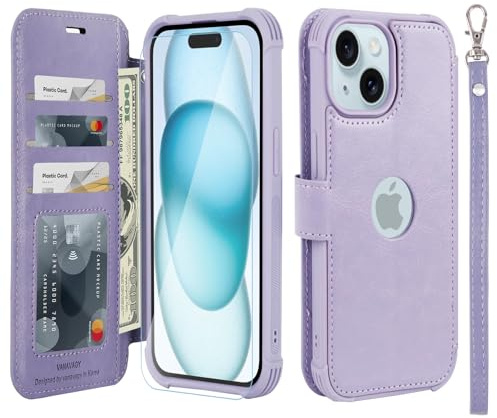 VANAVAGY Wallet Case for iPhone 15 Plus/14 Plus 6.7 Inch,Clove Purple | PU Leather Flip Folio,Slim,12ft Drop Protection,RFID Blocking Card Holder,Kickstand,Wrist Strap,Includes Screen Protector