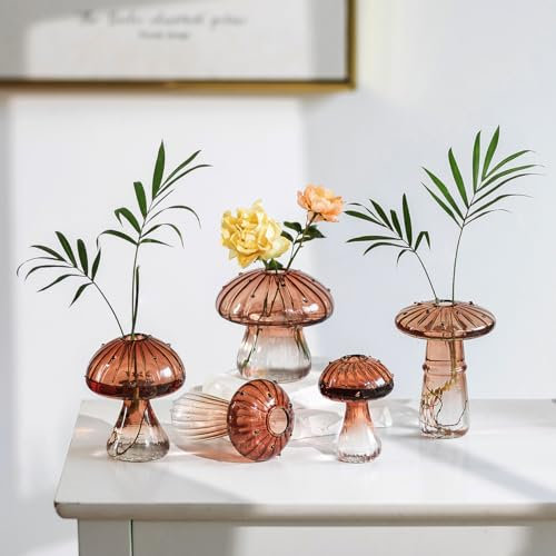 Hewory Pilz Deko Vase Glas: Aesthetic Vase Braun Pilzförmige Blumenvase Kleine Vasen für Tischdeko - Mini Terrarium Deko Propagation Station Hydrokultur Vasen Set für Cute Room Decor Wohnzimmer Büro