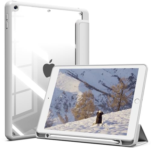 Lsmmpoba Hülle für iPad 9. / 8. / 7. Generation mit Stifthalter 10.2 Zoll Modell 2021/2020 / 2019, Stoßfeste Schutzhülle mit transparenter Hartschale auf der Rückseite mit Standfunktion, Grau