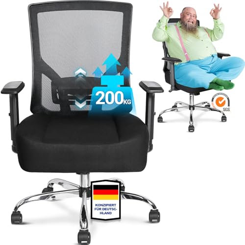 MELOKEA Bürostuhl 200KG XXL mit Großes Federsitzkissen, Ergonomischer Bürostuhl 200KG mit Verstellbare Lendenwirbelstütze und Armlehnen, Stufenlose Neigungsfunktion, Schreibtischstuhl Ergonomisch