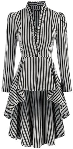 CAMDOM Women's Steampunk Long Striped Jacket Renaissance Victorian Gothic Blazer Jacket Coat (Black White)