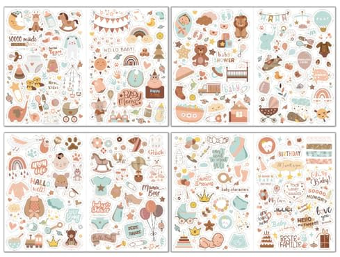 ZORVUJI Sticker Babyalbum, 212 Stück Baby Aufkleber für Fotoalbum, 8 DIN-A4 Bögen Scrapbooking Sticker Set, Babyparty Geschenk mit Tieren und Niedlichen Motiven (Braun)