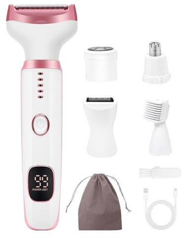 Rasoir Electrique Femme, 5 en 1 Rasoir Intime pour Femme, Rasoir Multifonctionnel Femme, Epilateur Visage Femme avec Affichage LED de Batterie, Pour Le Corps, Aisselles, Jambes, Sourcils Et Nez