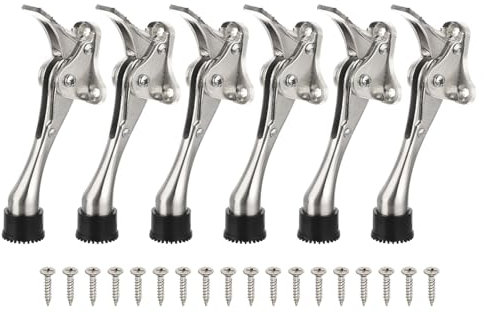 sourcing map Kickdown Door Stopper, 6Pcs 5.5inch Kick Down Door Stoppers for Bottom of Door Flip Down Door Stop Height-Adjustable Rubber Zinc Alloy, Silver Tone
