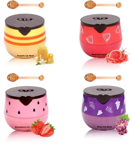 Benaewa 4 Pcs Honey Lip Balm, Lip balm Sleeping Mask for Dry, Cracked (Honey+Strawberry+Watermelon+Grape)