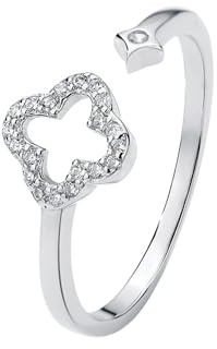CZ Lucky Flower Open Band Ring for Women 925 Sterling Silver Crystal Four Leaf Clover Statement Ring Adjustable Stackable Comfort Fit Wedding Engagement Anniversary Promise Ring Jewelry (Silver)