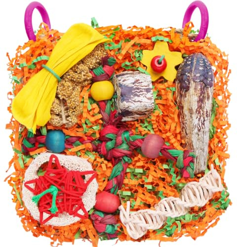 Bird Toys for Small & Medium Parrots - Natural Foraging & Shredding Cage Hanging Toys with Seagrass Mat, Starfruit, Loofah Slices for Budgies, Cockatiels, Lovebirds, Conures (1 PCS)