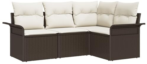vidaXL Garten-Sofa-Set mit Kissen 4 pcs Braun Poly Rattan, Garten und Terrasse, modernes Lounge-Set, Rattan-Sofa, verstellbare Füße, wetterfest, Sitzgelegenheit für Decks