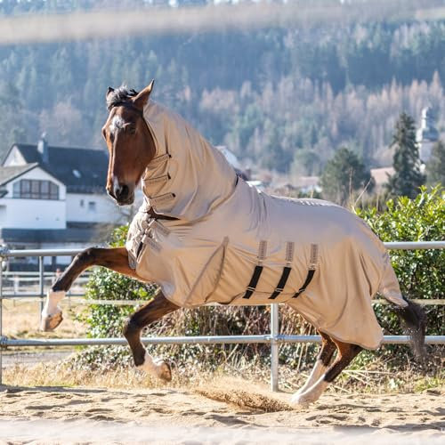 SUNRIDE Fliegendecke für Pferde (Kuba) - mit festem Halsteil - Gehfalte - Schutz für empfindliche Brust - elastische Einsätze - mit UV-Schutz - Bauchlatz und Beingurte verstellbar - braun (125 cm)