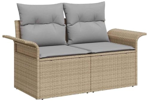vidaXL Garten-Sofa-Set Beige aus Poly Rattan mit Kissen. Modular, für 2 Personen, mit verstellbaren Füßen. Inklusive Tisch und Zwei Sofas. Perfekte Sitzgruppe für Balkon oder Terrasse.