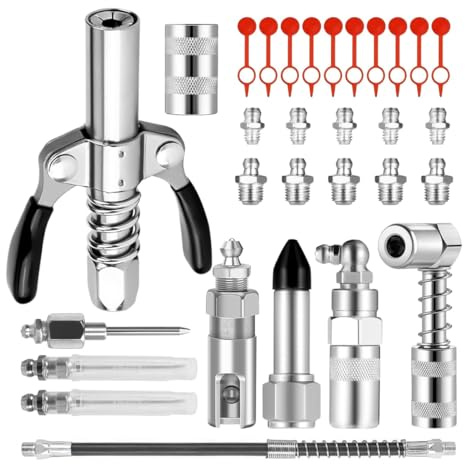 Hoite 30 Pieces Grease Gun Adapter Set, with 30 Cm Hose Gun and Attachment Lubricator Connection Nipple 10 Types, for All Types Of Grease