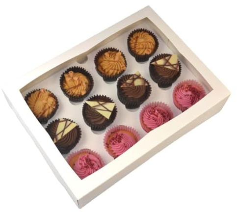LARRYROO Pack of 10 x Premium Cupcake White Window For 12 Cup Cakes with Removable 6cm Divider Tray (33cm x 24.2cm x 7.6cm) - Ideal for Muffins, Cupcakes, Pastries Etc (10)