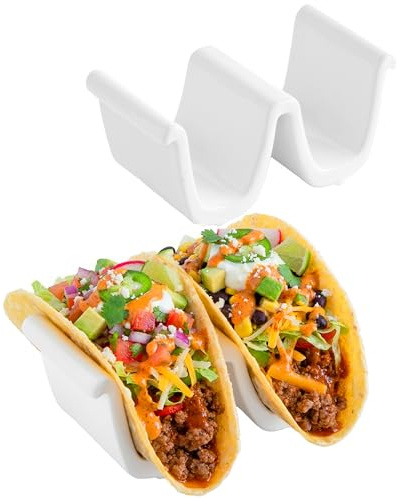 Chef Tacos Ceramic Taco Holder, Holds 4 Tacos (2-Pack, White) | For Hard or Soft Shells, Oven & Kitchen Safe, Dishwasher & Microwave Safe