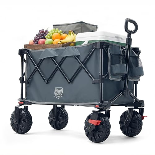 TIMBER RIDGE Bollerwagen Faltbar 250L Breite Reifen mit Bremsen Strandwagen | Handwagen Klappbar 150KG Belastbar mit Getränkehalter All Terrain Transportwagen für Camping Einkaufen Garten