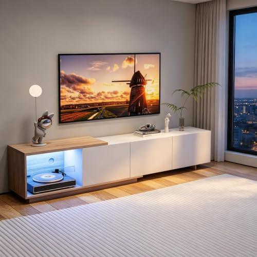 BIYFSDS Mueble de TV Modular con Iluminación LED, Mueble TV Extensible con 3 Cajones, Armario para TV con Almacenamiento Abierto, Juego Mueble TV Moderno (Blanco-1, 240x38x44)