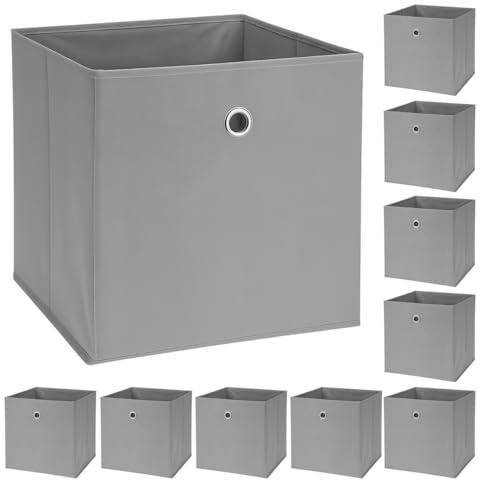 Murago 10er Set Faltbox ca. 30x30x30 cm - Grau - Würfel Aufbewahrungsbox faltbar Aufbewahrungskörbe Deko Korb Boxen Wohnzimmer Stoff für Kleidung Büro Regalkorb Klappbox Schlafzimmer Körbe Hellgrau