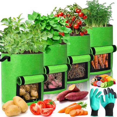 Purpledi 10 Gallonen Kartoffel Pflanzsack - 4er Set 40L Pflanztaschen aus Filz, Pflanzsäcke Kartoffeln aus Vlies Stoff - Pflanzgefäß Pflanzbeutel für Balkon Terrasse & Garten für Tomaten (A)