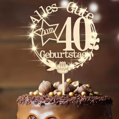 ENLACE Holz Tortendeko 40 Geburtstag Mann Frau LED Kuchen Deko 40 Geburtstag Frau,Happy 40th Birthday Cake Topper Geburtstagsdeko 40 Jahre Mann,Geschenk 40 Geburtstagdeko,40 Tortenstecker 1986 Jahre