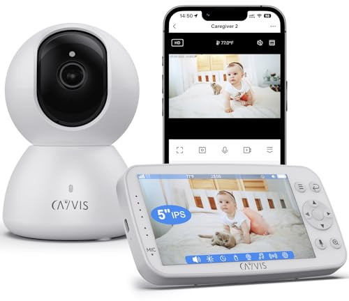 CAYVIS Babyphone Camera 1080P+ Moniteur vidéo 5 LCD-IPS, Baby Caméra Vidéo et Audio APP,PTZ 355°, Enregistrement, Surveillance Mouvements, Berceuses,Baby Phone Monitor, Caméra Bebe
